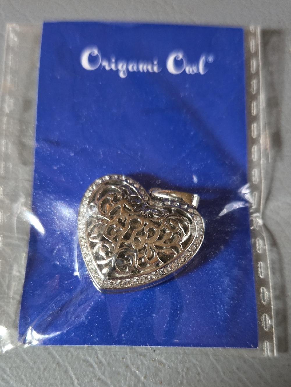 Origami Owl Silver Filigree Heart Locket Pendant with Rhinestones